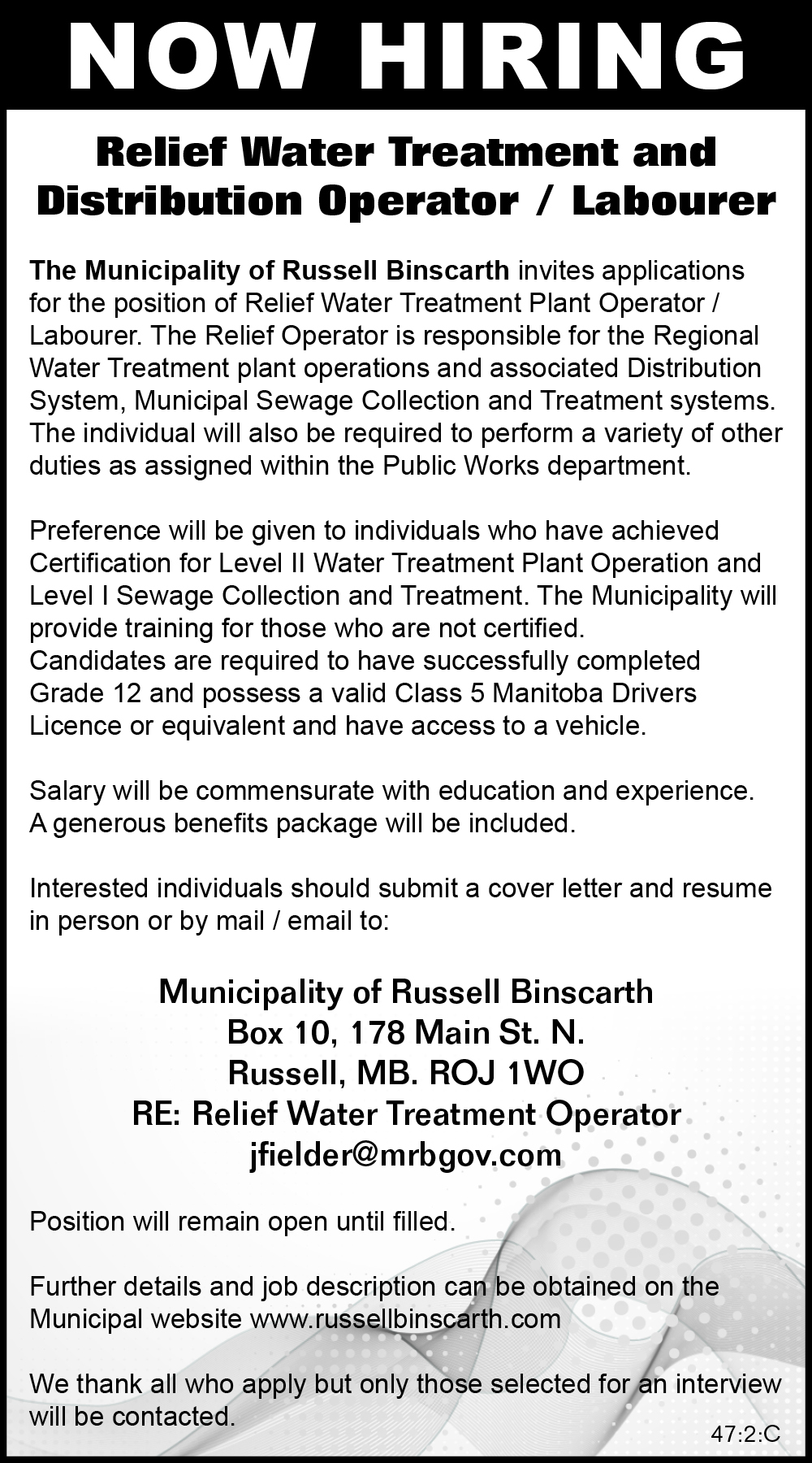 RM of Russell Binscarth - Relief Water Treatment and Distribution Operator / Labourer 